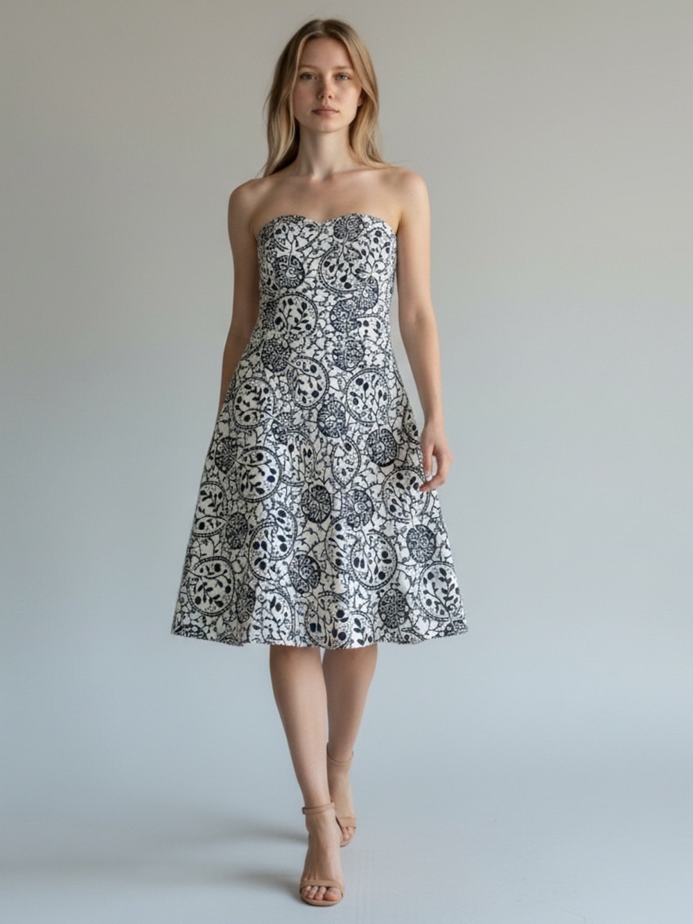 TABITHA Strapless Midi Dress Navy Blue Ivory Medallion Print 2 Sundress Sun Trip